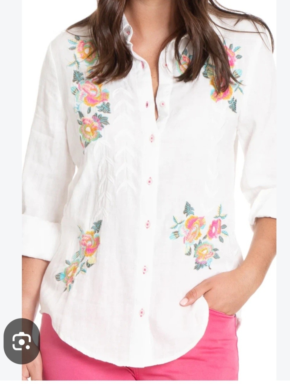 Apny Embroidered White Button-Down 100% Cotton Shirt with Floral Accents Large